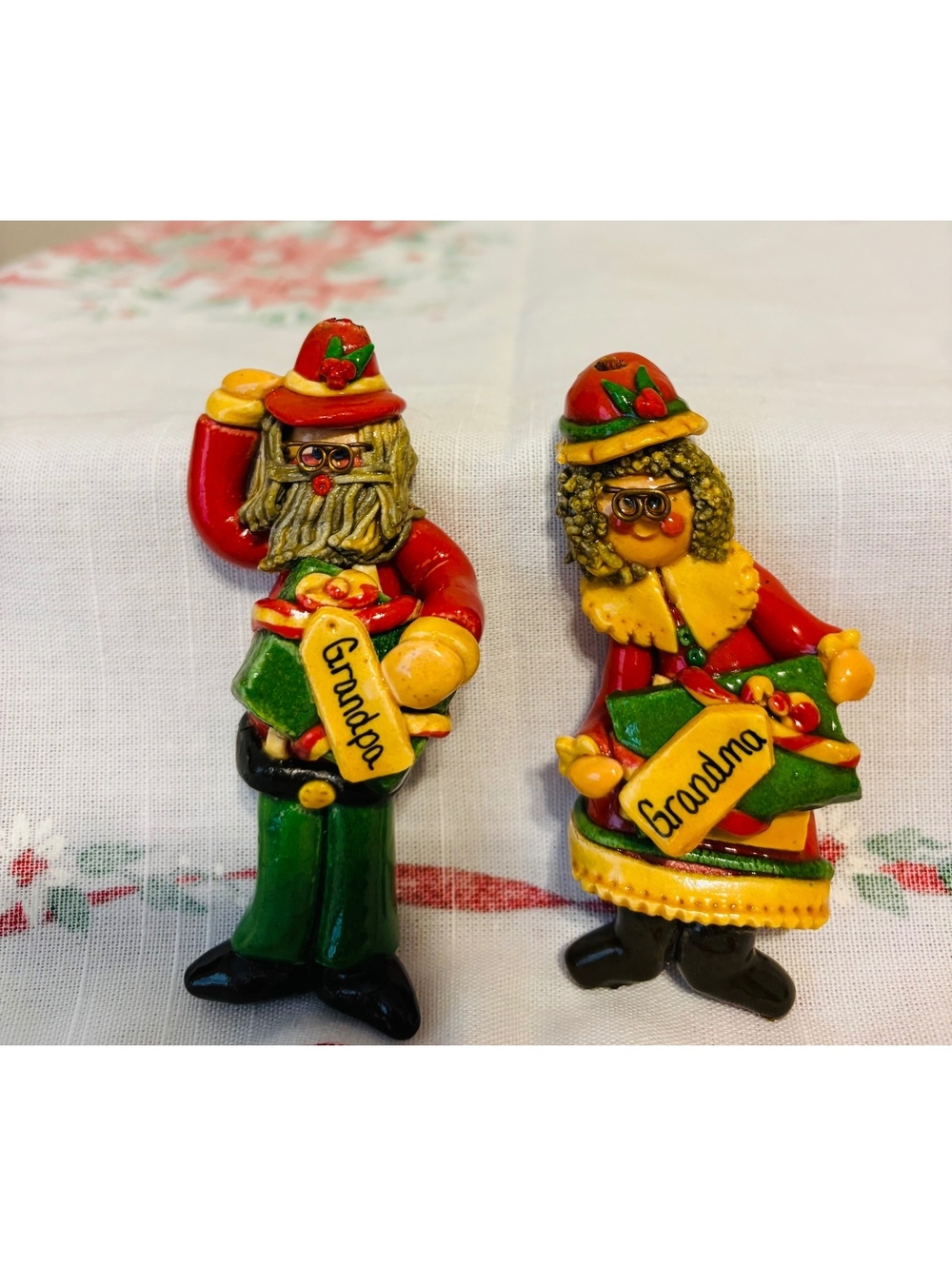 Vtg Calliope Style Clay Art Christmas Ornaments Pair Grandma & Grandpa